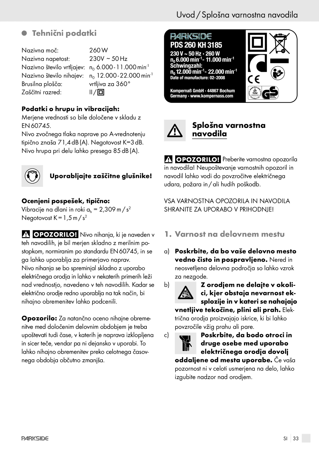 Parkside POE-1200, POE-2400 manual Uvod / Splošna varnostna navodila, Tehnični podatki, Splošna varnostna navodila 